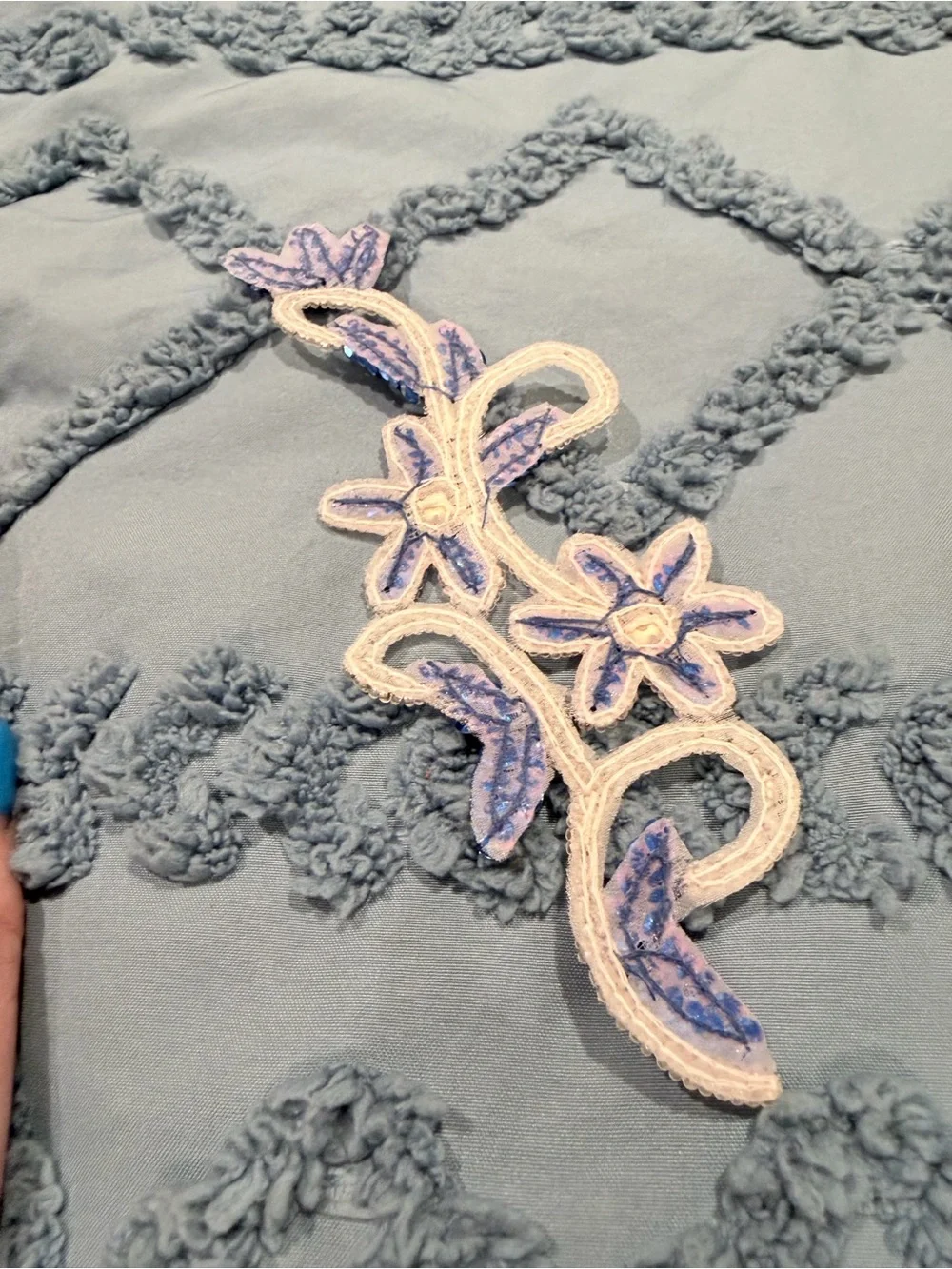 Blue & White Sequin Floral Beaded Lace Appliqué Trim | 6” Embellishment